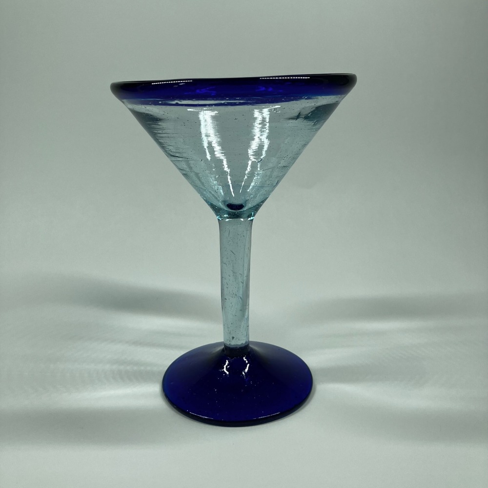 Mexican Hand Blown Martini Glass Bubble Glass 6.75in Cobalt Blue Rim and Base